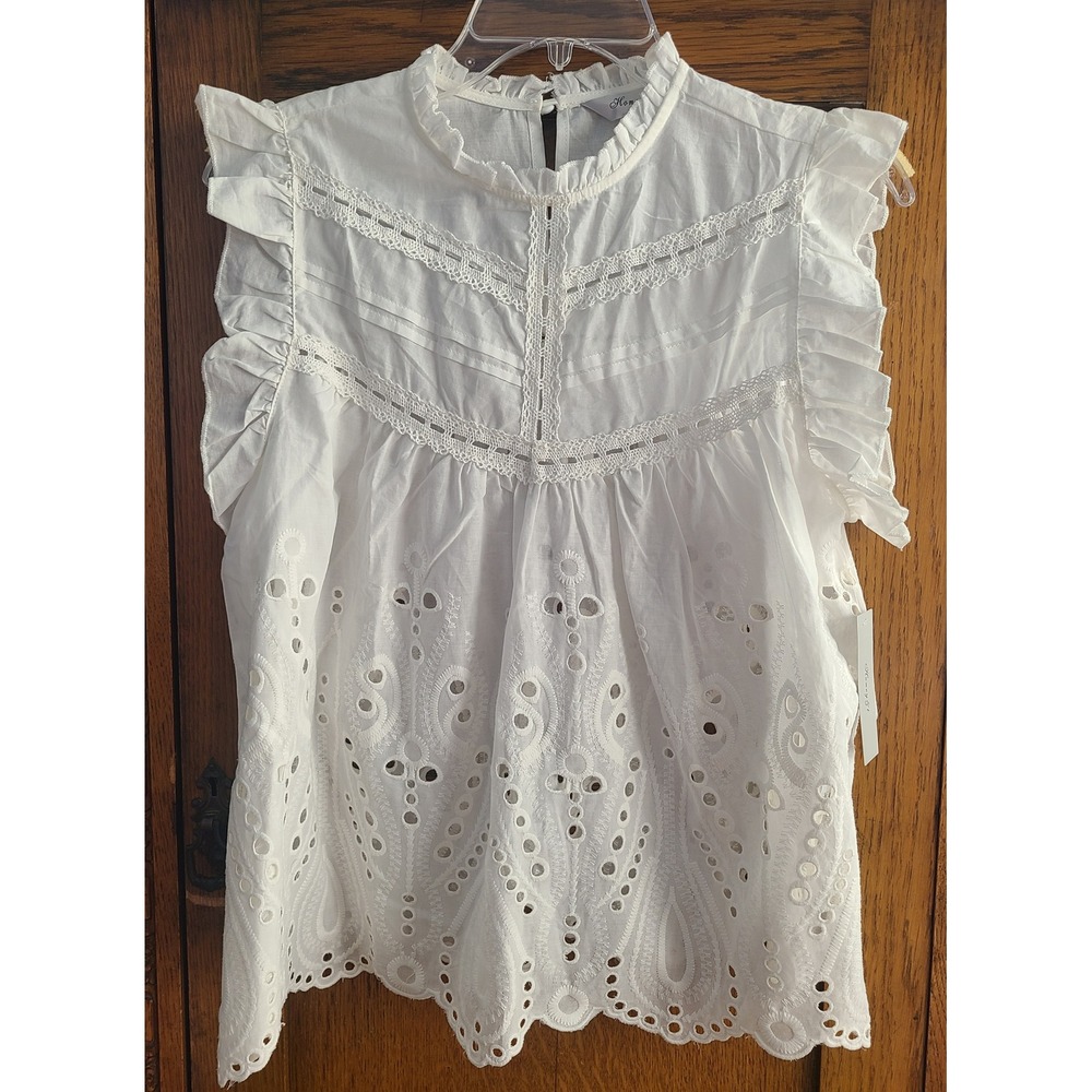 Honey‎ & t White Eyelet Ruffle High Neck Blouse J2B1460B471 NWT